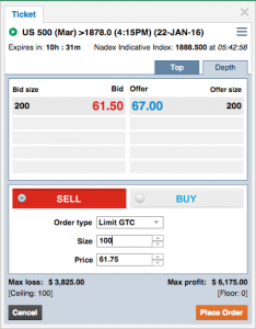 Nadex trading ticket